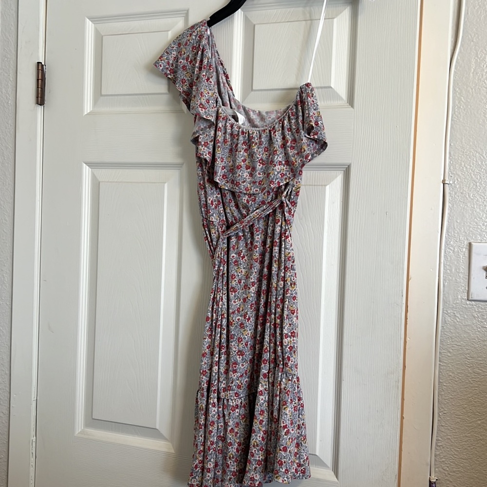 Heatherly Floral One Shoulder MIDI Ruffled Dress